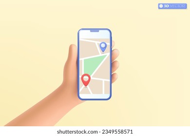 3d mano sosteniendo el teléfono móvil con un punto de inflexión en el símbolo del icono del mapa. seguimiento de entrega, ubicación, destino, concepto de navegación de mapas gps. Ilustración aislada vectorial 3D, estilo Mínimo pastel de dibujos animados.