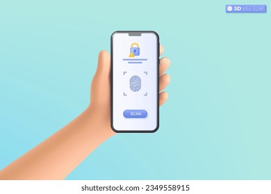 3d hand holding mobile phone scan fingerprint cyber secure icon symbol. recognition identity, biometric authorization security concept. 3D vector isolated illustration, Cartoon pastel Minimal style.