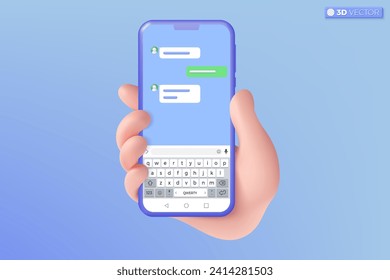 3d mano sujetando el símbolo de icono de la aplicación de chat del teléfono móvil. Mensaje de chat, QWERTY, burbuja de voz, concepto de plantilla de mensajería instantánea. Ilustración aislada vectorial 3D, estilo Mínimo pastel de dibujos animados.