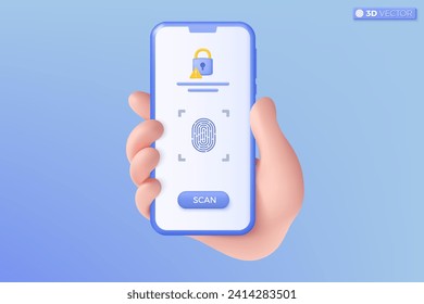 3d mano sujetando el símbolo de icono ciberseguro de la imagen de la imagen del escáner de un teléfono móvil. identidad de reconocimiento, concepto de seguridad de autorización biométrica. Ilustración aislada vectorial 3D, estilo Mínimo pastel de dibujos animados.