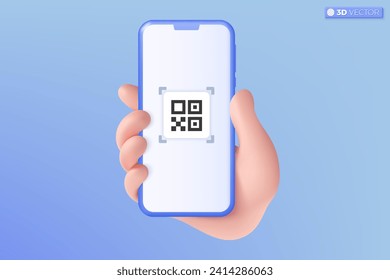 3d hand holding mobile phone scanning QR code icon symbol. Shopping special offer marketing promotion, mockup. online shopping concept. 3D vector isolated illustration, Cartoon pastel Minimal style.