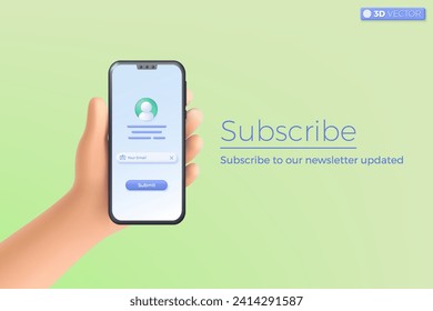 3d mano sosteniendo el teléfono móvil suscribirse para el símbolo de icono de promoción de boletín. Invitación a unirse al cliente, concepto de marketing de medios sociales. Ilustración aislada vectorial 3D, estilo Mínimo pastel de dibujos animados.