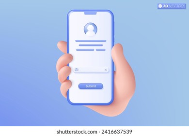 3d hand holding mobile phone. Subscribe to newsletter and promotions. Invitation to join customer awareness. Email business marketing concept. 3D vector isolated illustration, Cartoon pastel Minimal.