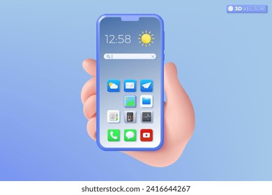 3d hand holding mobile phone icon symbol. Realistic smartphone with empty screen, Phone mockup. Editable device mobile template concept. 3D vector isolated illustration, Cartoon pastel Minimal style.