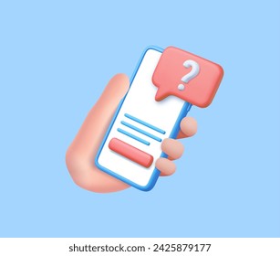 3D Hand holding mobile phone with question mark icon and question button. question mobile phone. 3d rendering. Vector illustration