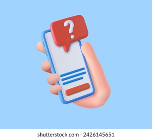 3D Hand holding mobile phone with question mark icon and question button. question mobile phone. 3d rendering. Vector illustration