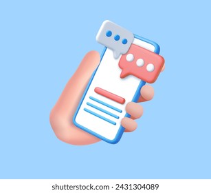 3D Hand holding mobile phone with speech bubble icon with notification new message, social media chat. concept of online talking, conversation, discussion. 3d rendering. Vector illustration