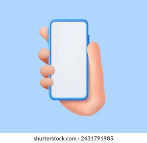 Mano 3D que sostiene el teléfono móvil con la pantalla vacía Dispositivo del teléfono Mockup. Plantilla de banner de tiempo de marketing. renderizado 3d. Ilustración de vector