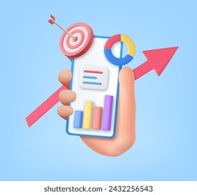 3d Hand holding mobile phone with data chart, financial report chart, data analysis. Online marketing. trading for business investment. Assignment target icon. 3d rendering. Vector illustration