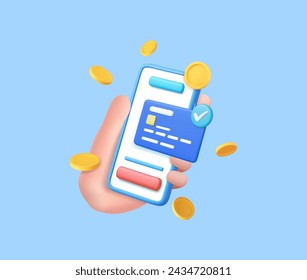 3D Hand holding mobile phone with credit card and money financial security for online shopping with coin. online payment secure with credit card. 3D rendering. Vector illustration