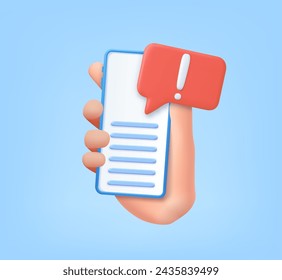 3d Hand holding Mobile phone Attention signal Exclamation point. Alert message mobile notification. 3d rendering. Vector illustration