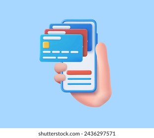 3D Hand holding mobile phone with credit card. financial security for online shopping. online payment credit card with payment protection concept. 3d rendering. Vector illustration.