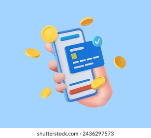 3D Hand holding mobile phone with credit card and money financial security for online shopping with coin. online payment secure with credit card. 3D rendering. Vector illustration