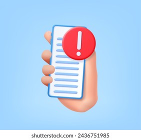 3d Hand holding Mobile phone Attention signal Exclamation point. Alert message mobile notification. 3d rendering. Vector illustration