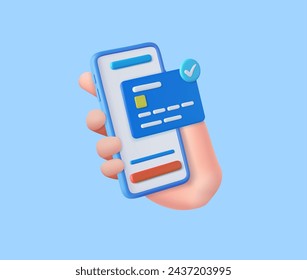 3D Hand holding mobile phone with credit card. financial security for online shopping. online payment credit card with payment protection concept. 3d rendering. Vector illustration.