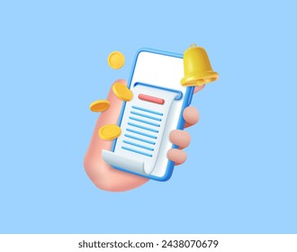 3d hand holding mobile phone banking online payments. Bill on smartphone transaction with money coin. Mobile phone financial alert with bell notification. 3D Rendering. Vector illustration