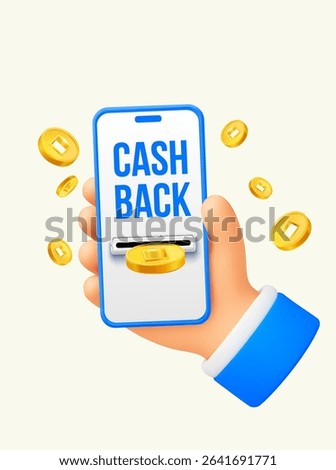 3d hand holding a mobile phone with cashback screen, golden coins flying around, isolated on white background. Cashback payment banner template in 3d vector