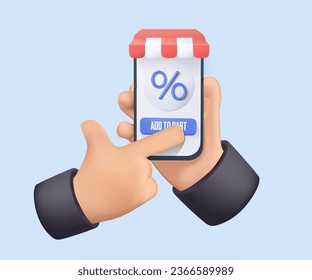 3D Hand holding mobile smart phone with shopping app. Online shop 3d cartoon vector icon. 3d Smartphone with shopping bag, chat message, delivery, 24 hours. 3D Web Vector Illustrations