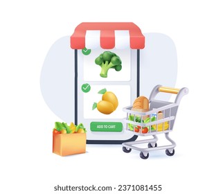 3D Hand holding mobile smart phone with shopping app. Online shop 3d cartoon vector icon. 3d Smartphone with shopping bag, chat message, delivery, 24 hours. 3D Web Vector Illustrations