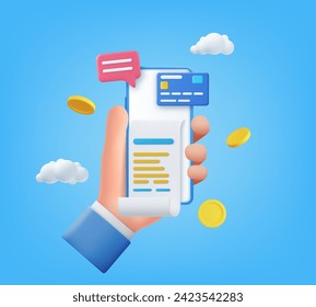 3d Hand holding mobile smart phone with paying bills. 3D bill payment with credit card and financial security for online shopping. Payment of utility, bank, restaurant. Vector illustration.