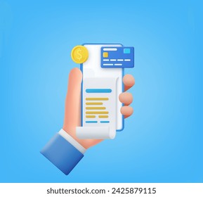 3d Hand holding mobile smart phone with paying bills. 3D bill payment with credit card and financial security for online shopping. Payment of utility, bank, restaurant. Vector illustration.