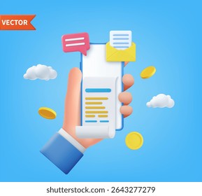 3d Hand holding mobile smart phone with paying bills. 3D bill payment with credit card and financial security for online shopping. Payment of utility, bank, restaurant. Vector illustration.
