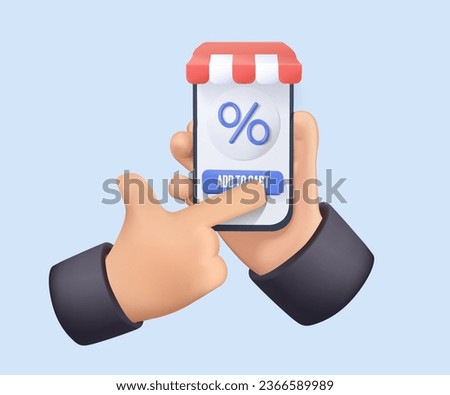 3D Hand holding mobile smart phone with shopping app. Online shop 3d cartoon vector icon. 3d Smartphone with shopping bag, chat message, delivery, 24 hours. 3D Web Vector Illustrations