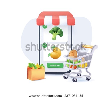 3D Hand holding mobile smart phone with shopping app. Online shop 3d cartoon vector icon. 3d Smartphone with shopping bag, chat message, delivery, 24 hours. 3D Web Vector Illustrations