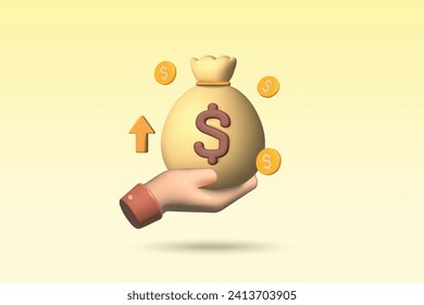 3d mano sosteniendo bolsa de dinero y flecha hacia arriba el diseño de ilustración vectorial de icono. Concepto de ganancia en el fondo amarillo. 