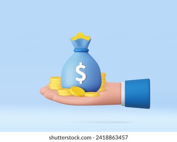 3D hand holding money bag with gold coins. Cash Back concept, people getting cash rewards and gift from online shopping. 3d rendering. Vector illustration