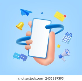 3d Hand holding Phone with business management app. Online news and work. Business marketing concept. Smartphone with megaphone, bell and message. 3d rendering. Vector illustration