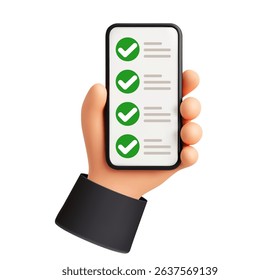 3d hand holding phone with checklist. Mobile smartphone with checkmark on checklist. Business completed task, planning and to do list, survey, time management vector concept.