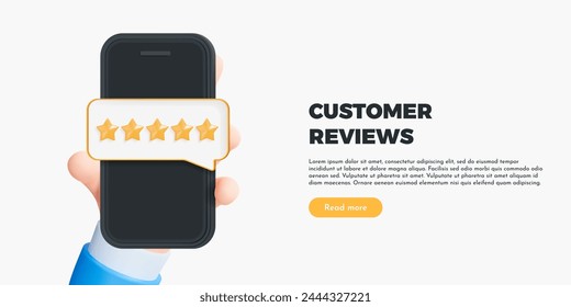 3D Hand holding phone with five star review rating. Online service quality assessment. Customer product feedback. Social media reputation. Cartoon creative design vector illustration for web banner