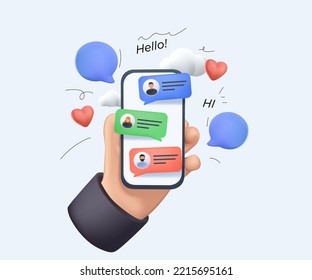 3D Hand holding phone with short messages, icons emoticons. Chatting with friends sending new messages. Emoji messenger Colorful speech bubbles on smartphone screen design vector illustration