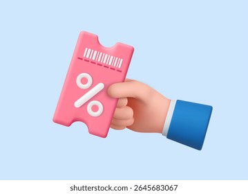 3d hand holding a pink discount voucher with a percentage symbol, representing sales, deals, or promo offers.