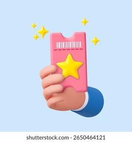3D hand holding a pink ticket with a yellow star and sparkles, symbolizing VIP access, premium events, or special rewards.