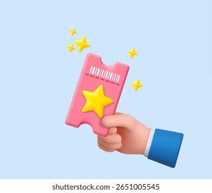 3D hand holding a pink ticket with a yellow star and sparkles, symbolizing VIP access, premium events, or special rewards.