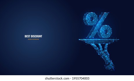 3d hand holding plate with percent sign in dark blue. Best discount or offer, sale concept. Digital polygonal wireframe with dots, lines and shapes. Abstract vector illustration looks like starry sky
