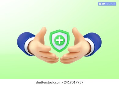 3.ª mano proteger el símbolo del icono de la guardia médica. inmune, Health Cross, Healthcare Security, Safety Badge, concepto de seguro de salud. Ilustración aislada vectorial 3D. Dibujo en tonos pastel Estilo minimalista.