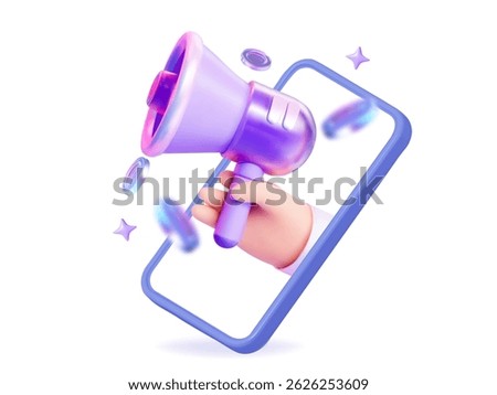 3D hand holding a purple megaphone. With flying holographic coins and stars surround it, representing mobile marketing, online advertising, important announcements, and urgent notifications.