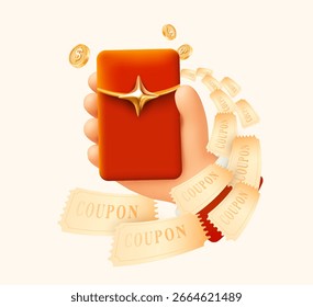 3d hand holding a red envelope of lucky money with a wave of gift vouchers or coupons flying around, isolated on background. Discount coupon fly banner template in 3d vector illustration