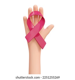 3d hand holding red ribbon. World Cancer Day concept. Raise awareness, prevention, detection, treatment. Icon design for poster and banner. Vector illustration isolated on white background