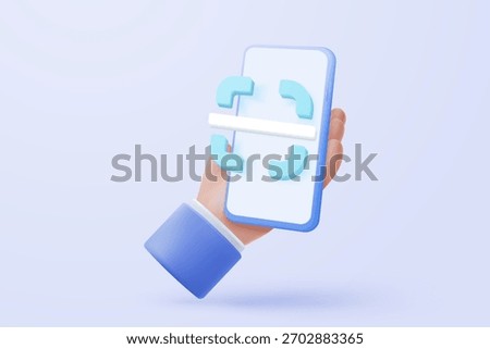 3d hand holding scanning qr code for online shopping concept, shopping special offer promotion and marketing via smartphone. Qr code scan verification website. 3d vector render isolate blue background