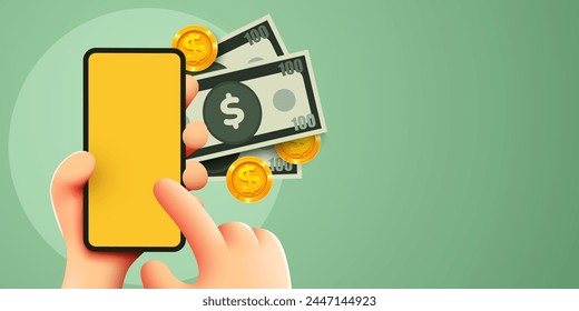 3D hand holding smarphone with flying banknotes. Get your money. Onlilne earnings. Vector illustration