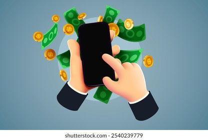 3D hand holding smarphone with flying banknotes. Get your money. Onlilne earnings. Vector illustration
