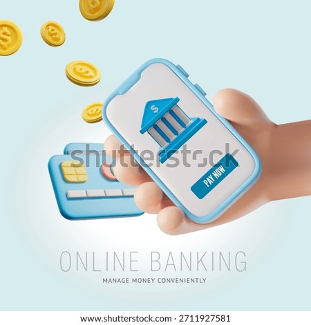 A 3D hand holding a smartphone with a banking app, a credit card, and gold coins. Concepts of online banking and financial management through a mobile app. Vector illustration. Advertising poster.