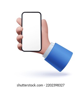 Mano 3D sosteniendo el smartphone con pantalla en blanco. Mano humana con gadget aislado en blanco. Ilustración vectorial.