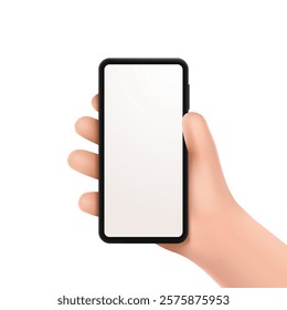 3d hand holding smartphone with blank screen isolated on white background. Hand with mobile phone for web banner, marketing, presentation, social media. Mockup mobile concept. Vector illustration