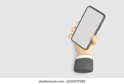 3D Hand Holding Smartphone With Blank Screen, Perfect for UI Mockups, App Design, and Web Presentations. Minimal Cartoon Style Vector Illustration.