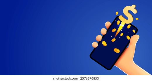 3D hand holding smartphone with flying coins. Get your money. Online earnings. Vector illustration